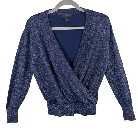J. Crew Navy Blue Shimmery Merino Wool Blend Faux Wrap Lightweight Sweater Sz M - Picture 1 of 6